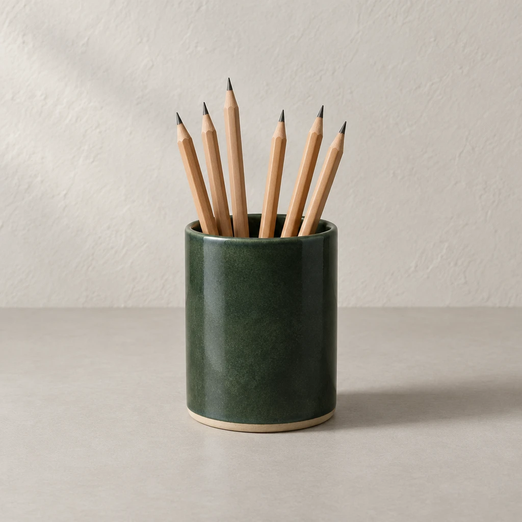 The same fictional forest-green pencil pot in every layout