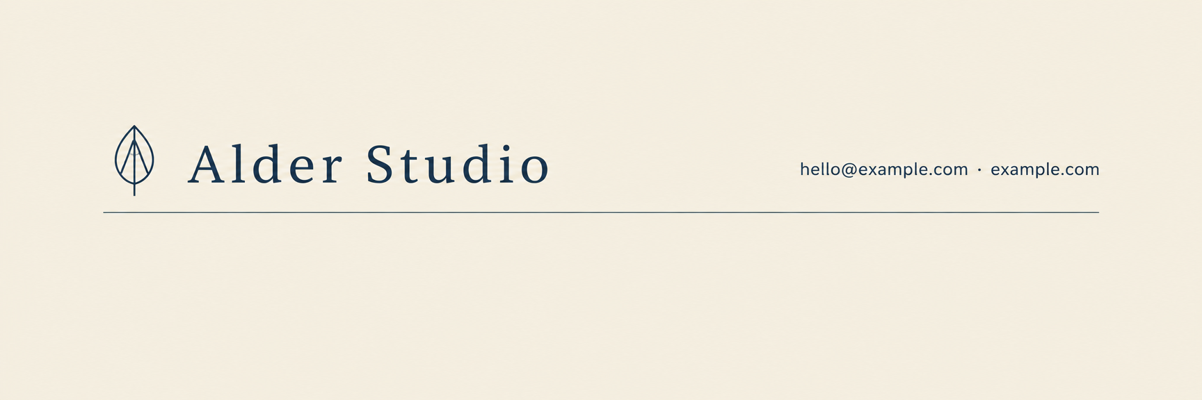 Fictional Alder Studio header artwork with a leaf mark and demonstration contact details